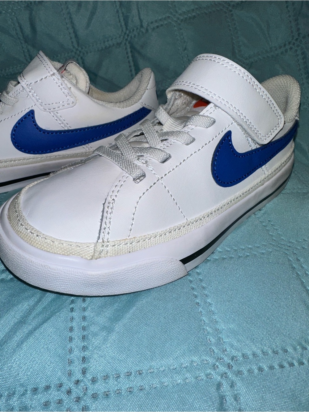Nike White Kids Sneakers with Royal Blue Swoosh - Velcro Strap